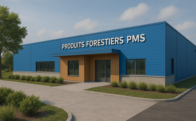 Photo : Installation d’un caniveau Polydrain 2422.19 en béton polymère à l’entrée d’une porte de garage commerciale chez Produits Forestiers PMS, avec grille en acier galvanisé classe D.